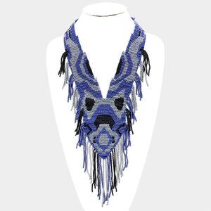 NEW Blue Gray Black Multi Boho Seed Beaded Fringe Statement Necklace